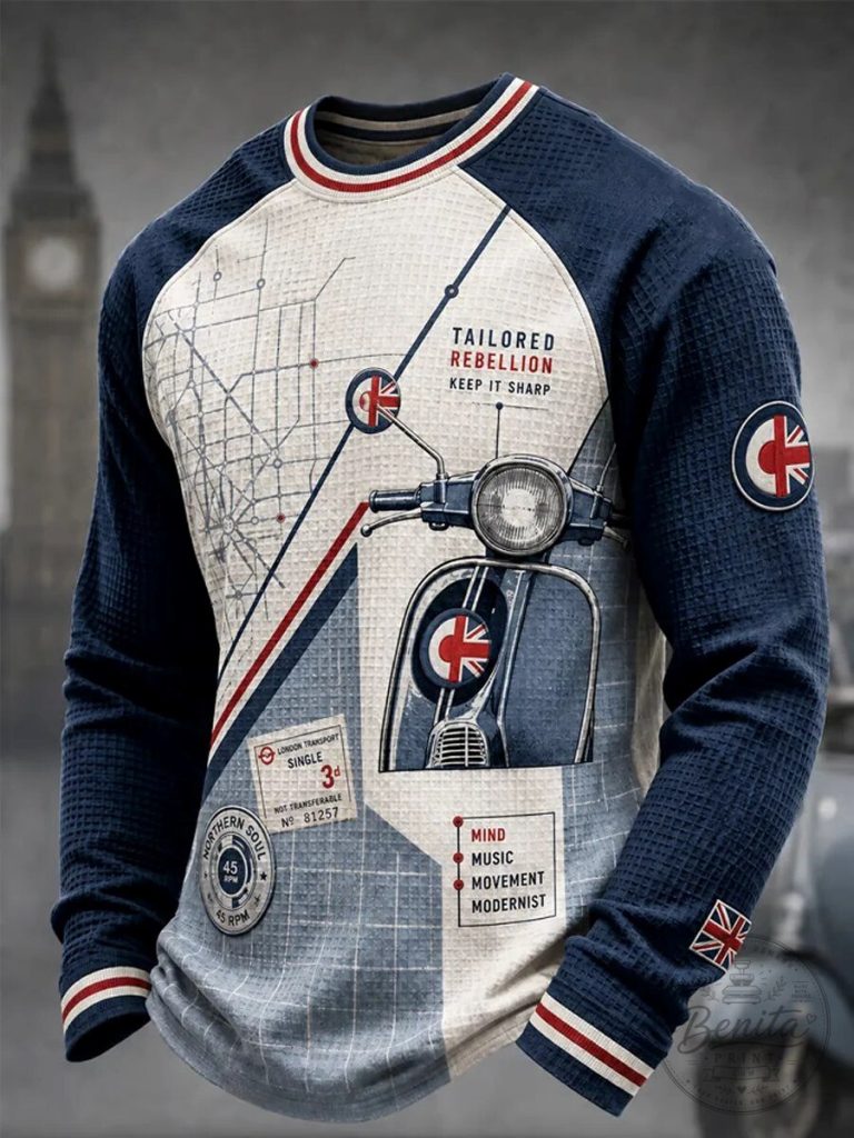 British Mod Culture Scooter London Map Waffle Knit Long-Sleeve Shirt