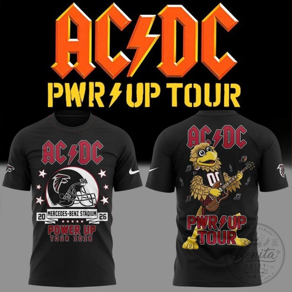 2026 AC/DC Power Up Tour T-Shirt at Mercedes-Benz Stadium - Atlanta Falcons 7 Black T-Shirt for the 2026 AC/DC Power Up Tour featuring Atlanta Falcons