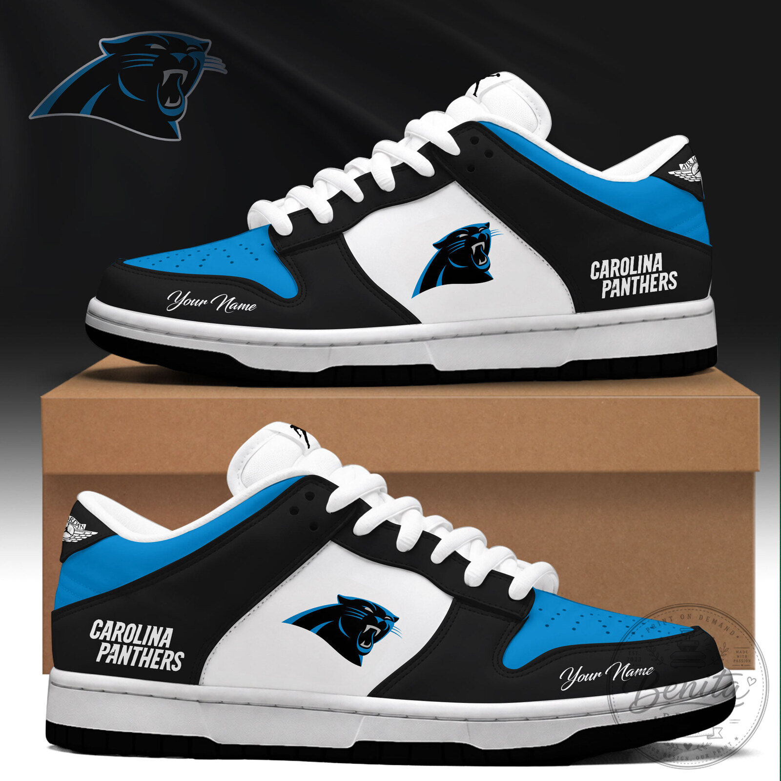Carolina Panthers NFL Team Logo Custom Name Blue Black White Sneakers