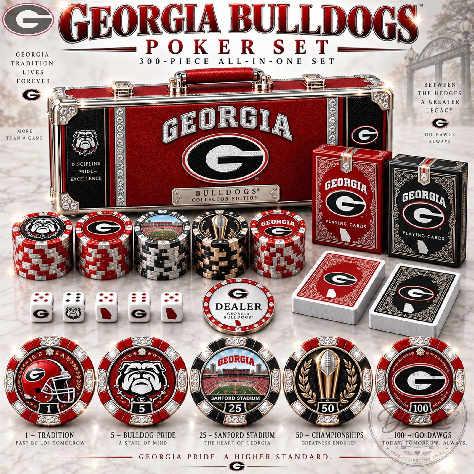 Georgia Bulldogs National Collegiate Athletic Association Poker Set with Playing Cards