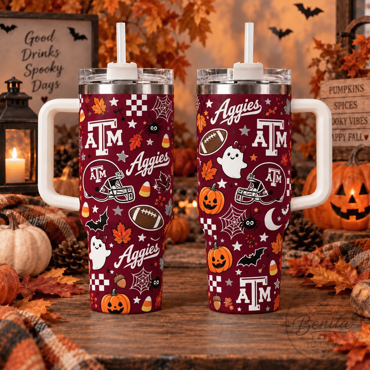 Texas A&M Aggies Halloween Pattern Insulated Tumbler with Handle