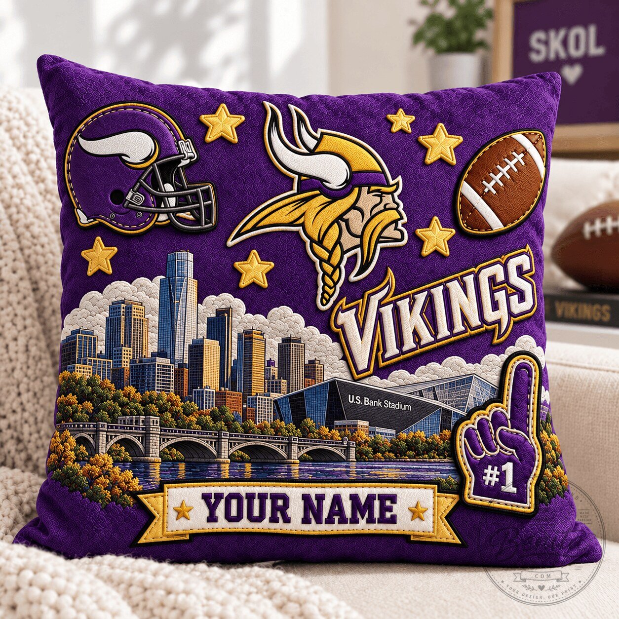 Minnesota Vikings NFL Football Team Personalized Cityscape Throw Pillow