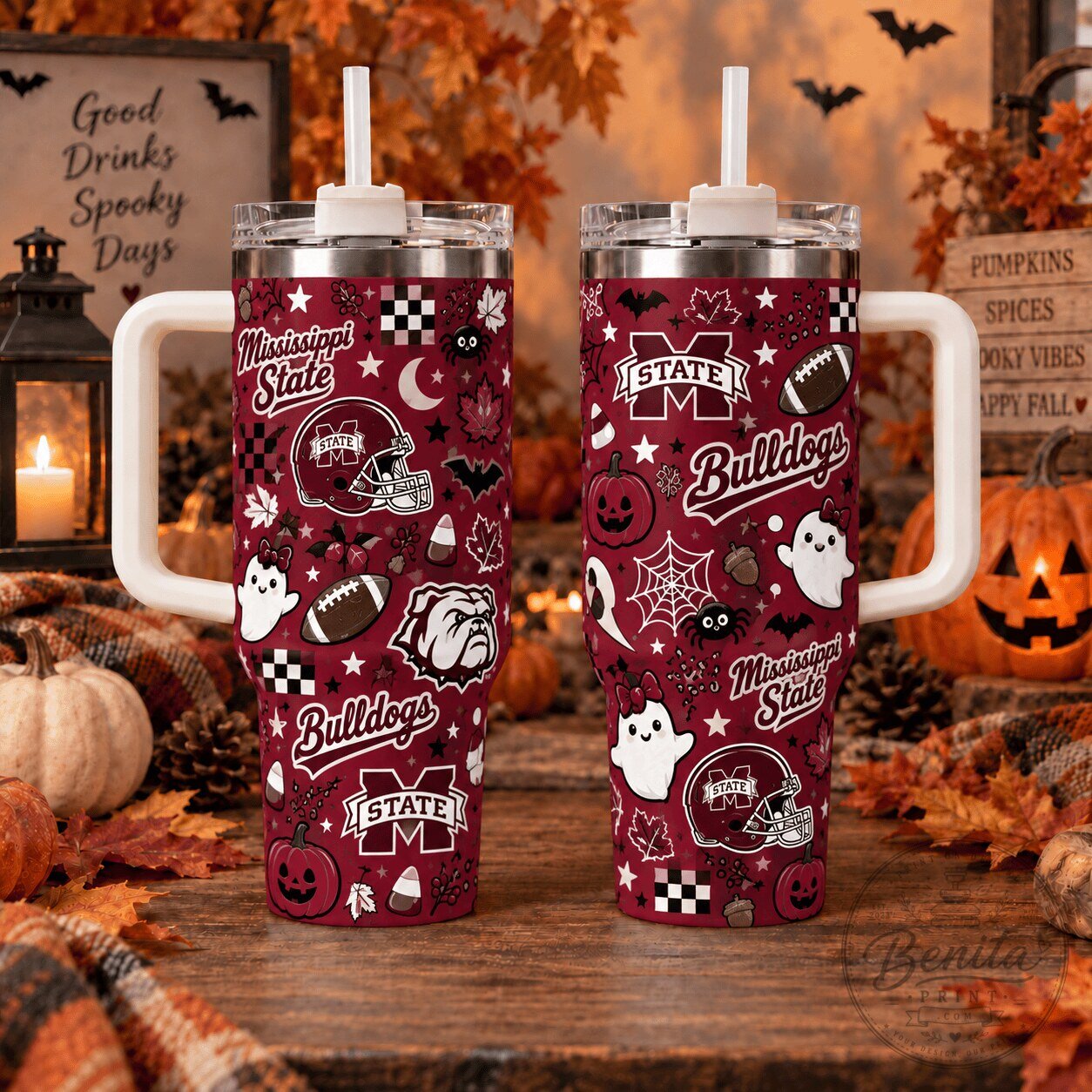 Mississippi State Bulldogs Halloween Pattern Insulated Tumbler with Handle