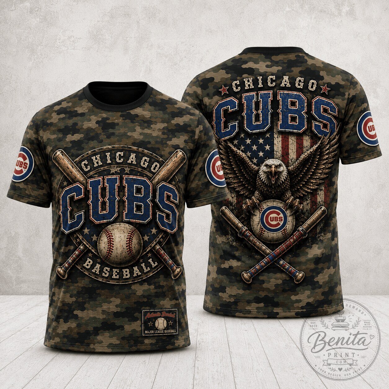 Chicago Cubs MLB Baseball Shirt Vintage Eagle Camo Crossed Bats T-Shirt