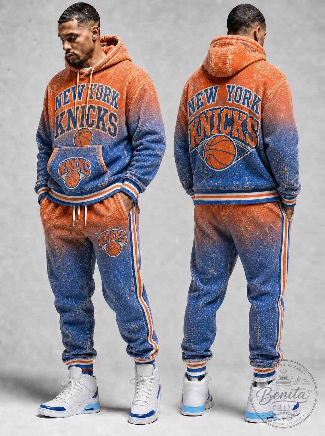 New York Knicks Basketball Vintage Graphic Print Hoodie and Jogger Pants Set