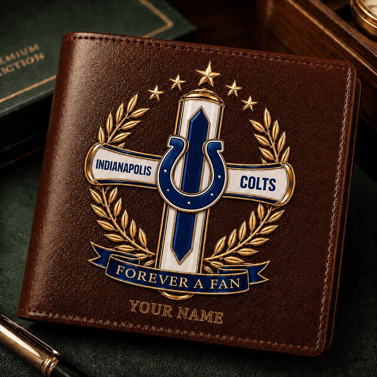 Indianapolis Colts NFL Teams Cross Emblem Brown Leather Wallet
