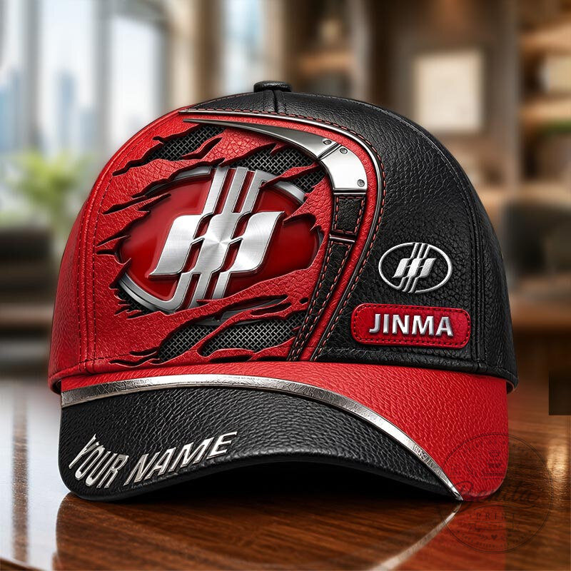 Jinma Tractor Personalized Name Red and Black Faux Leather Baseball Cap Hat