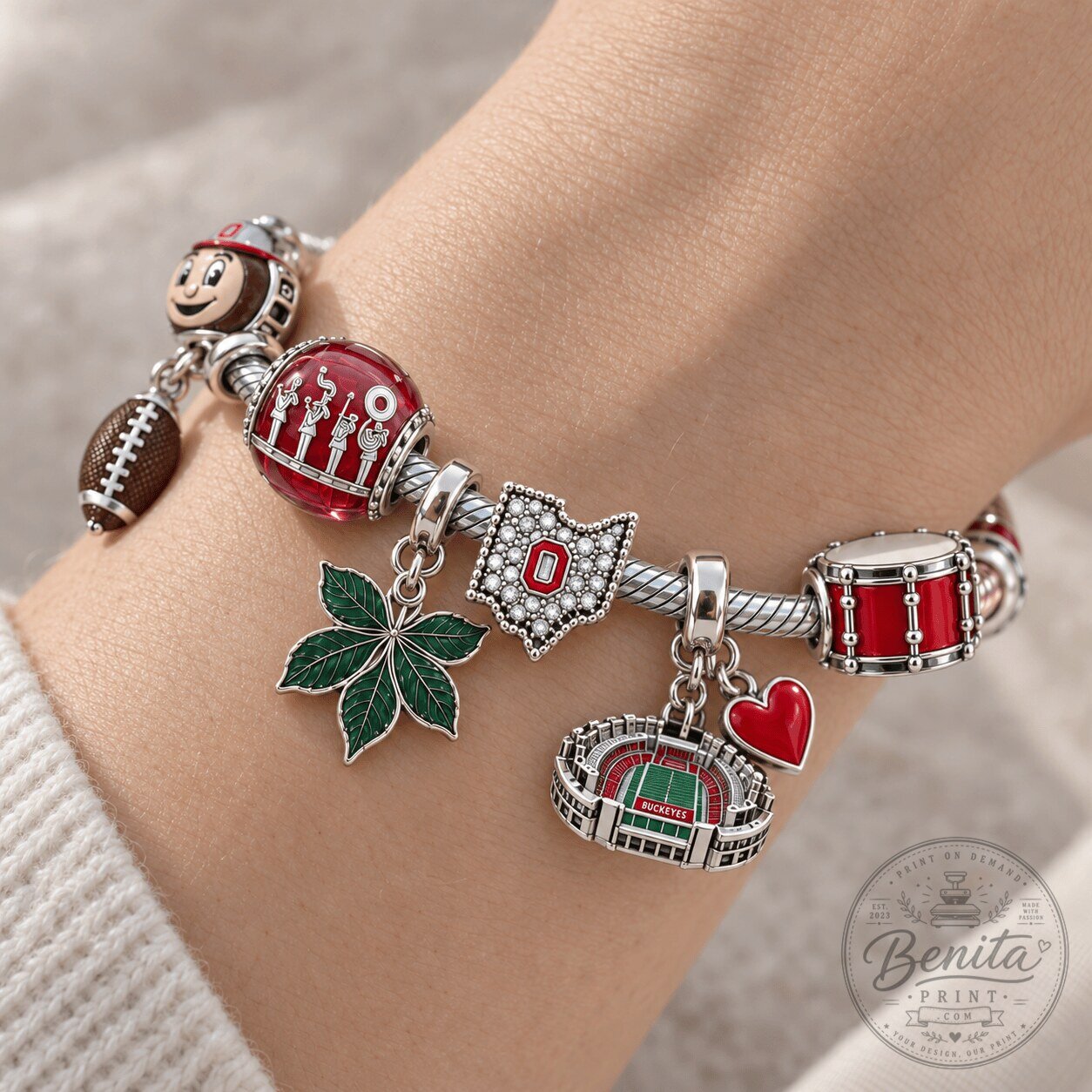 Ohio State Buckeyes Football Charm Bracelet with Stadium and Mascot Charms