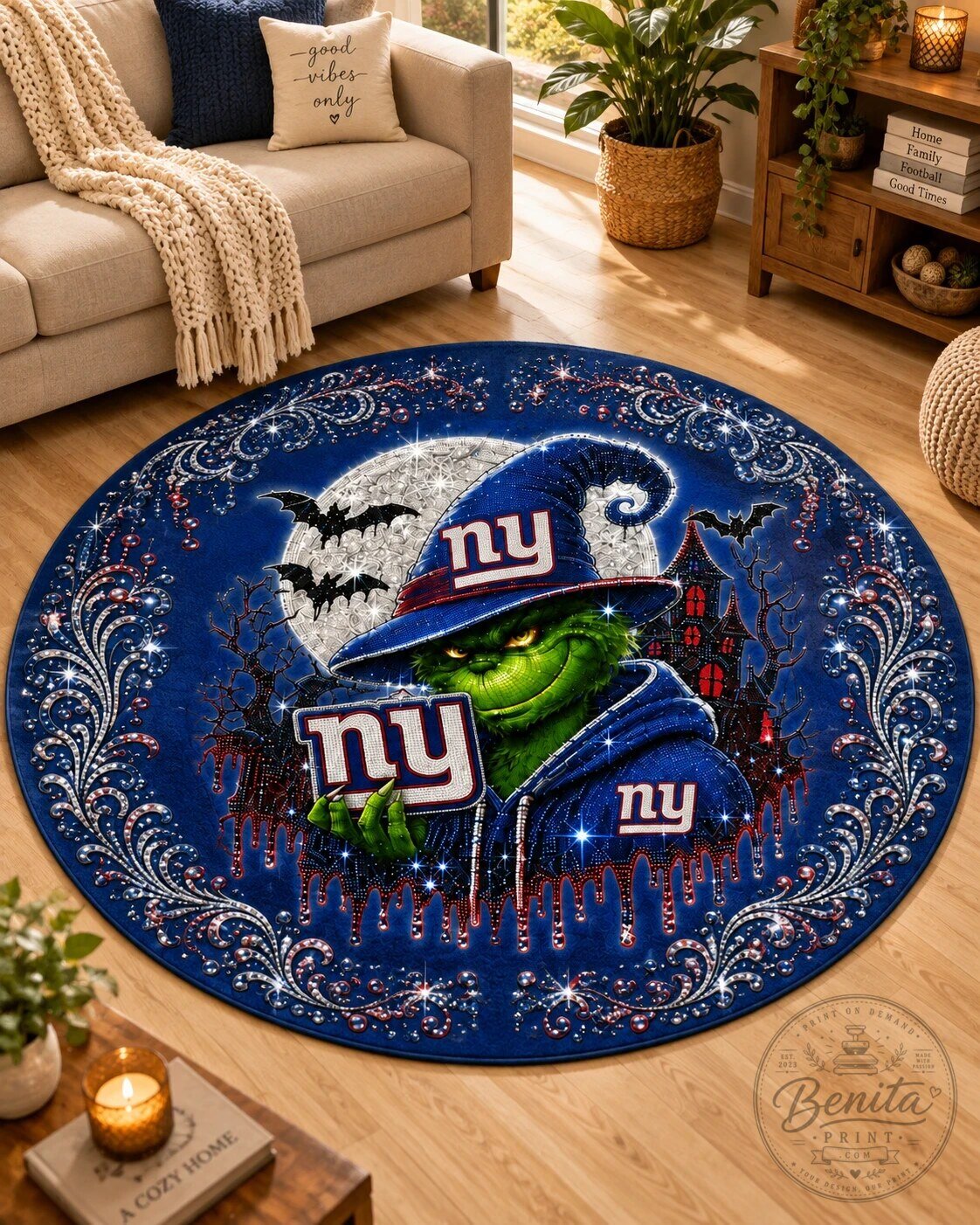 New York Giants Grinch Halloween Full Moon Round Rug