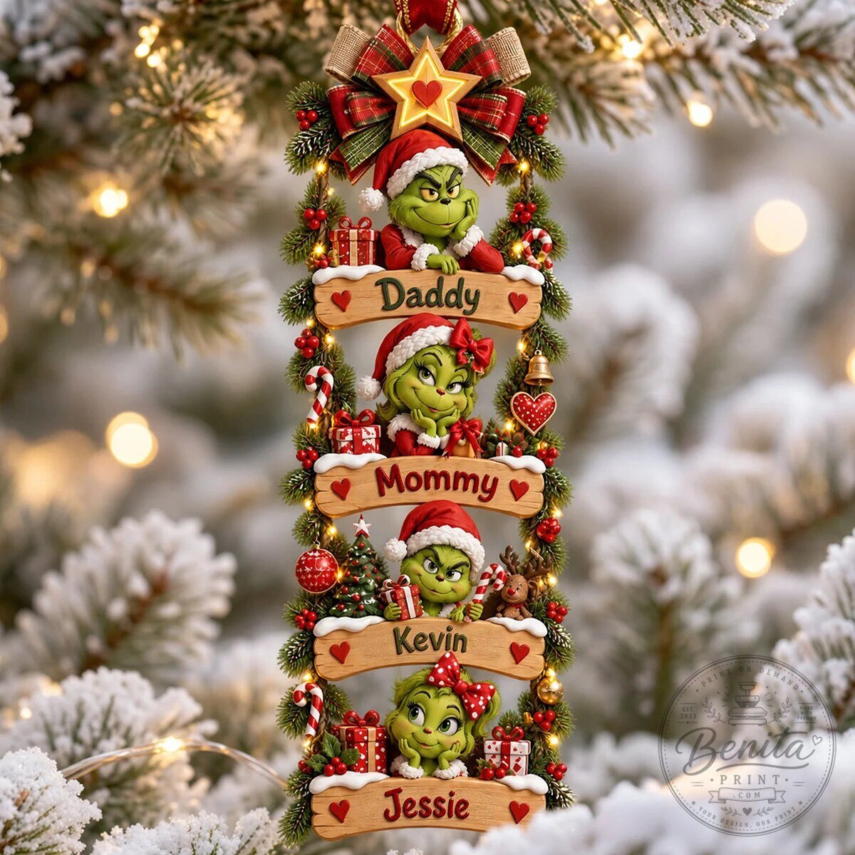 Grinch Family Christmas Tree Ornament Personalized with Names for Holiday Decor