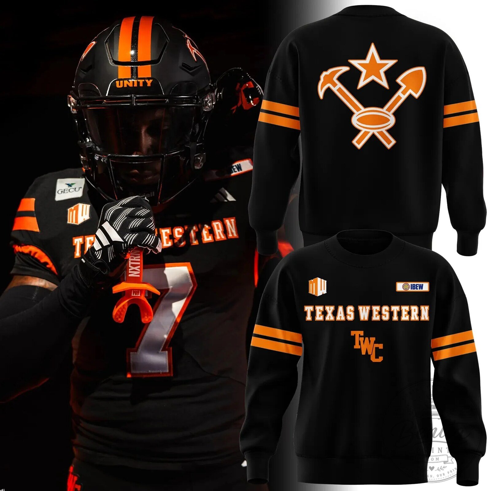 Texas Western Miners Football Team Black and Orange Sweatshirt