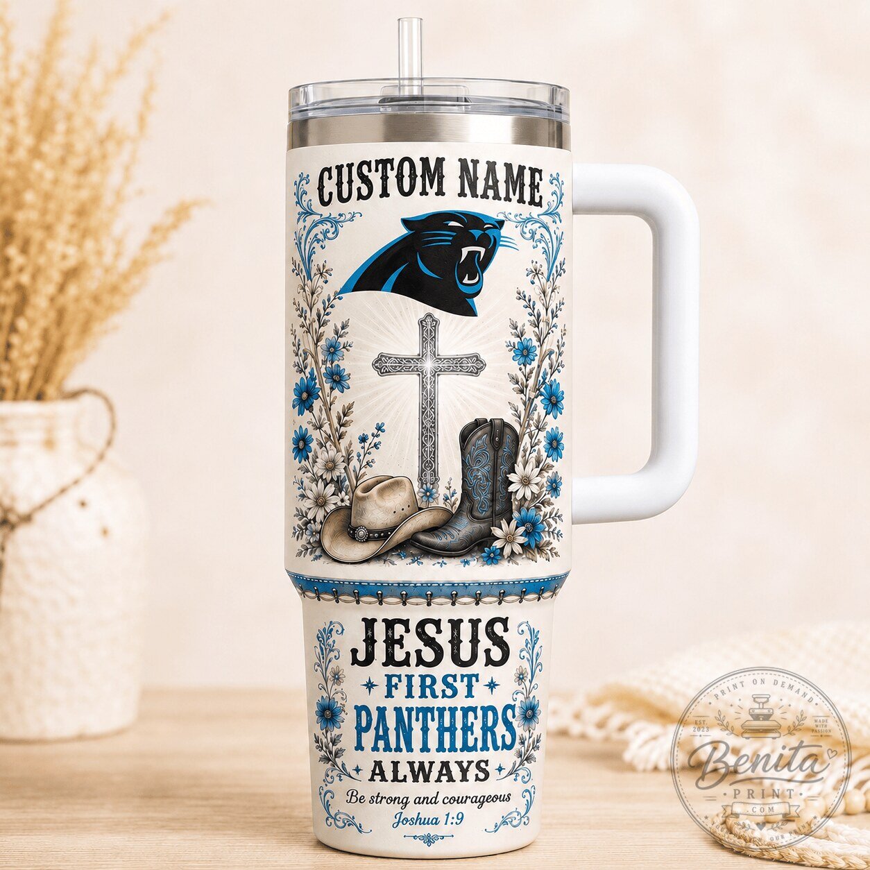Carolina Panthers Football Fan Tumbler with Custom Name and Christian Cross