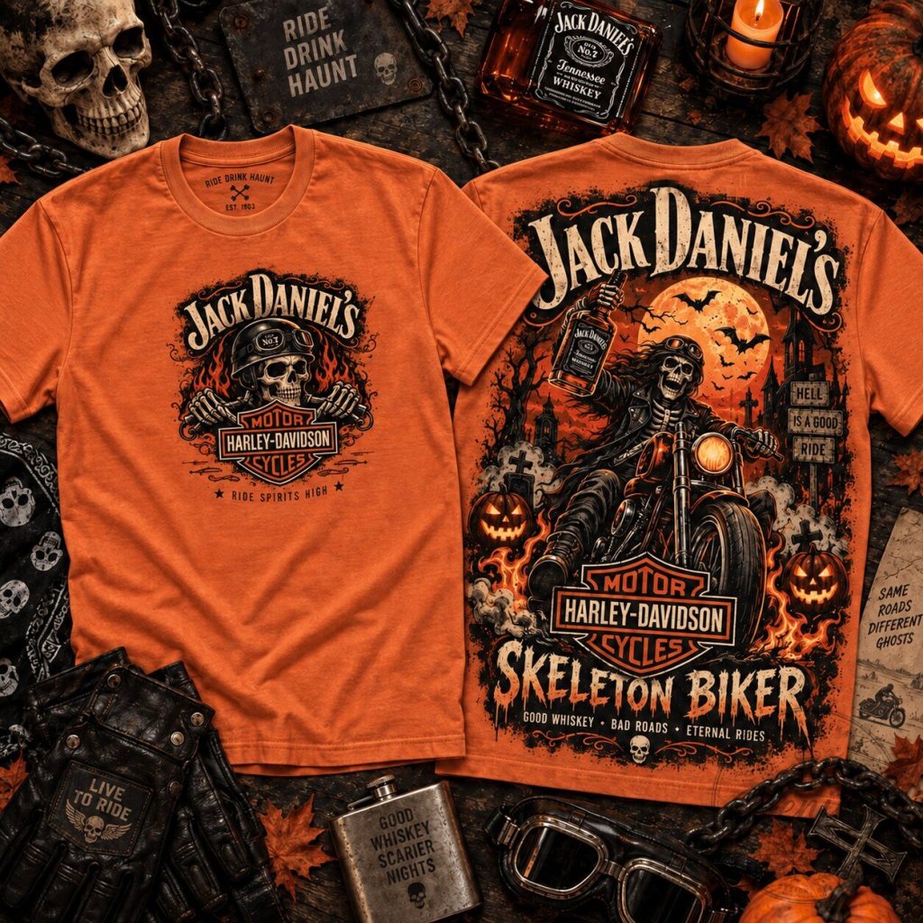 Harley Davidson Shirt Jack Daniel's Skeleton Biker Halloween Graphic T-Shirt Harley Davidson Shirt Jack Daniel's Skeleton Biker Halloween Graphic T-Shirt