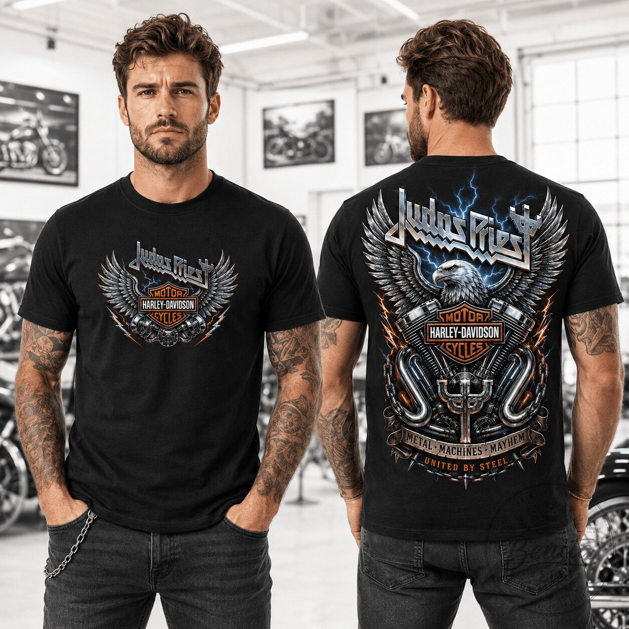 Harley Davidson Judas Priest Metal Machines Mayhem Black Graphic T-Shirt