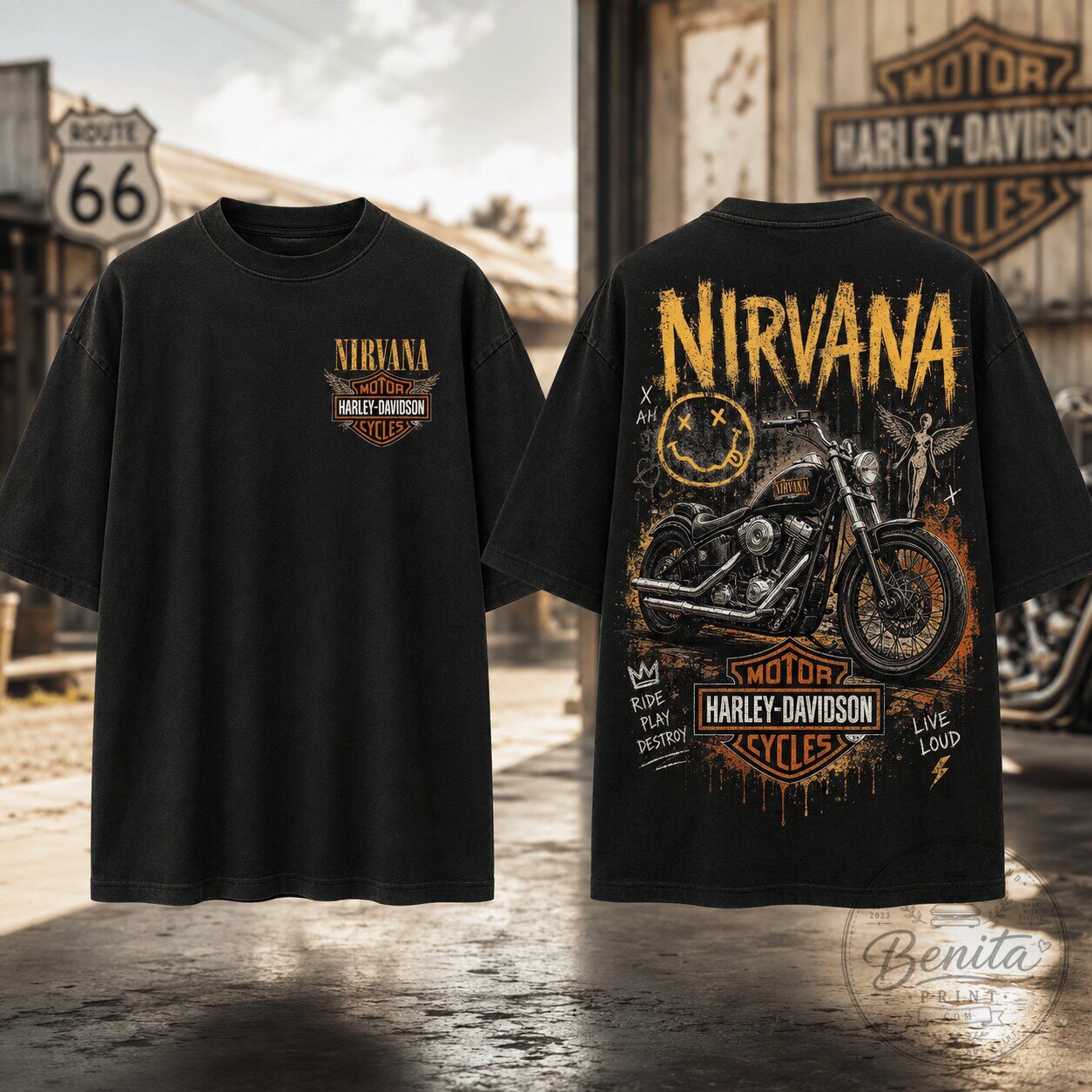 Nirvana Harley Davidson Motorcycle Grunge Ride Loud Graphic T-Shirt
