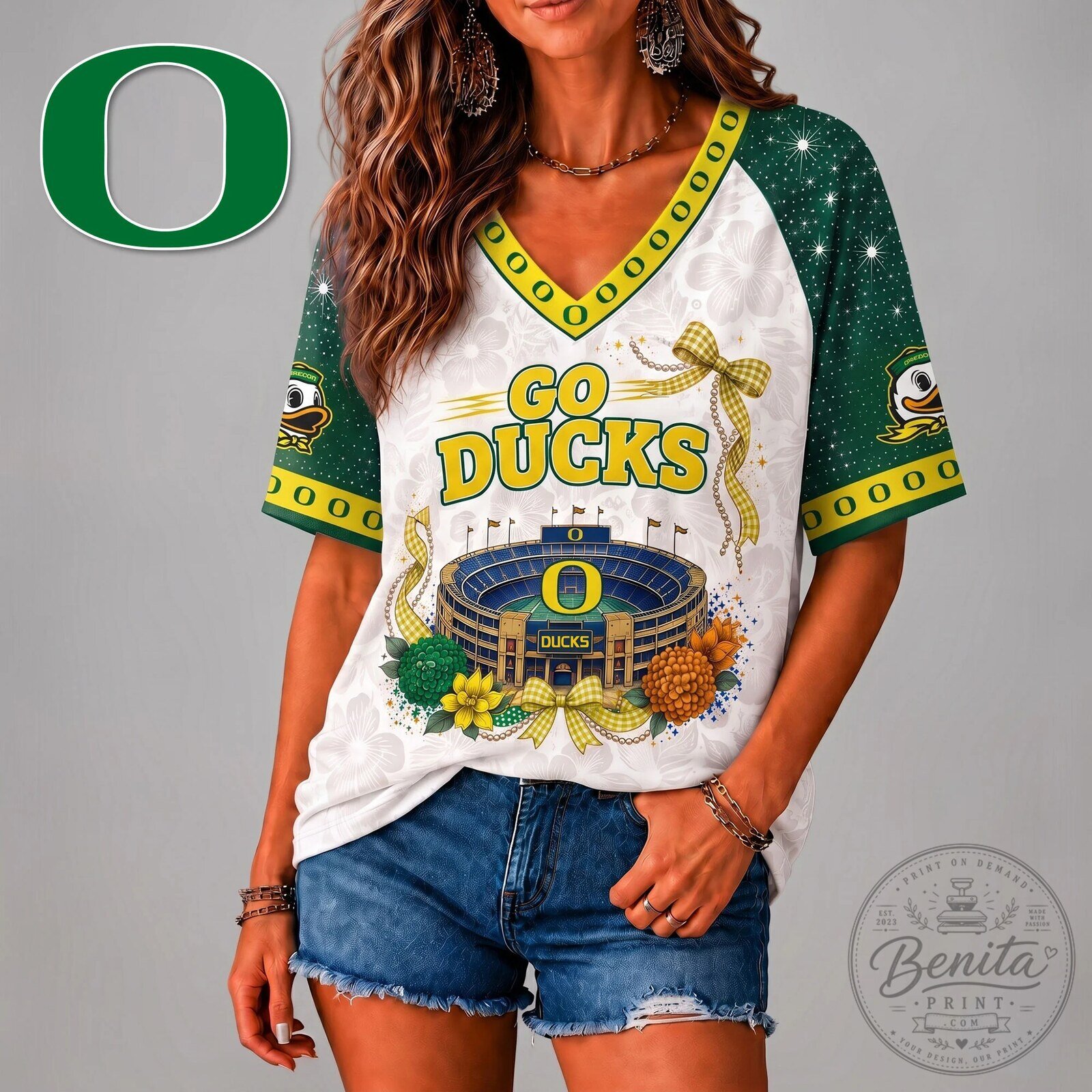 Oregon Ducks Shirt NCAA Floral Stadium Bow Tie Baseball Jersey