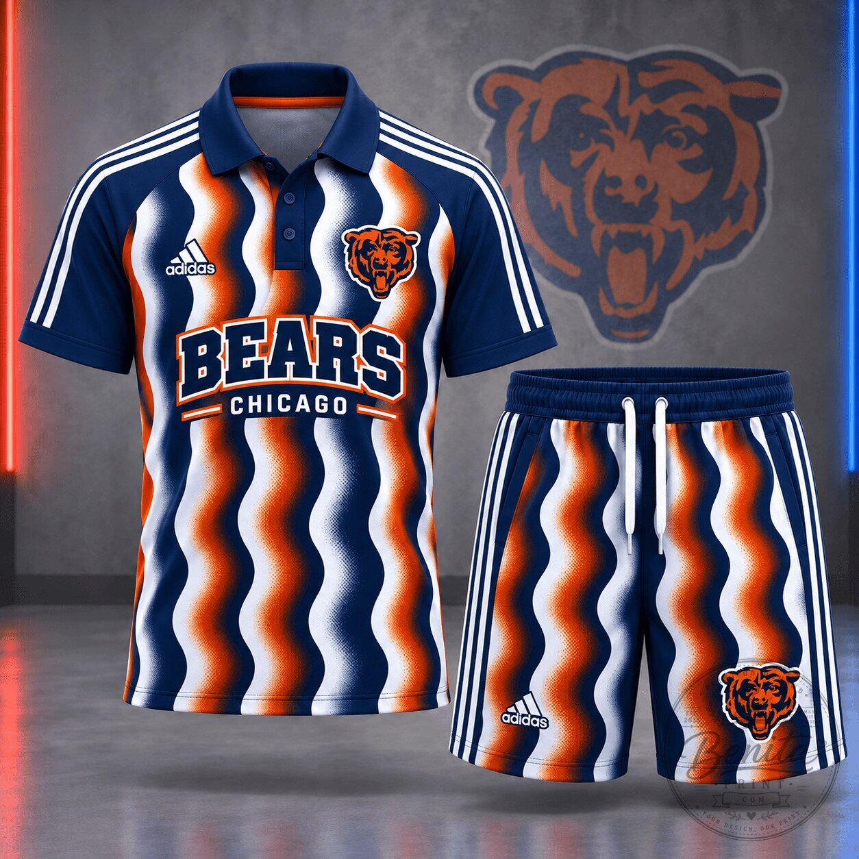 Chicago Bears NFL Team Wavy Stripes Polo Shirt and Shorts Set