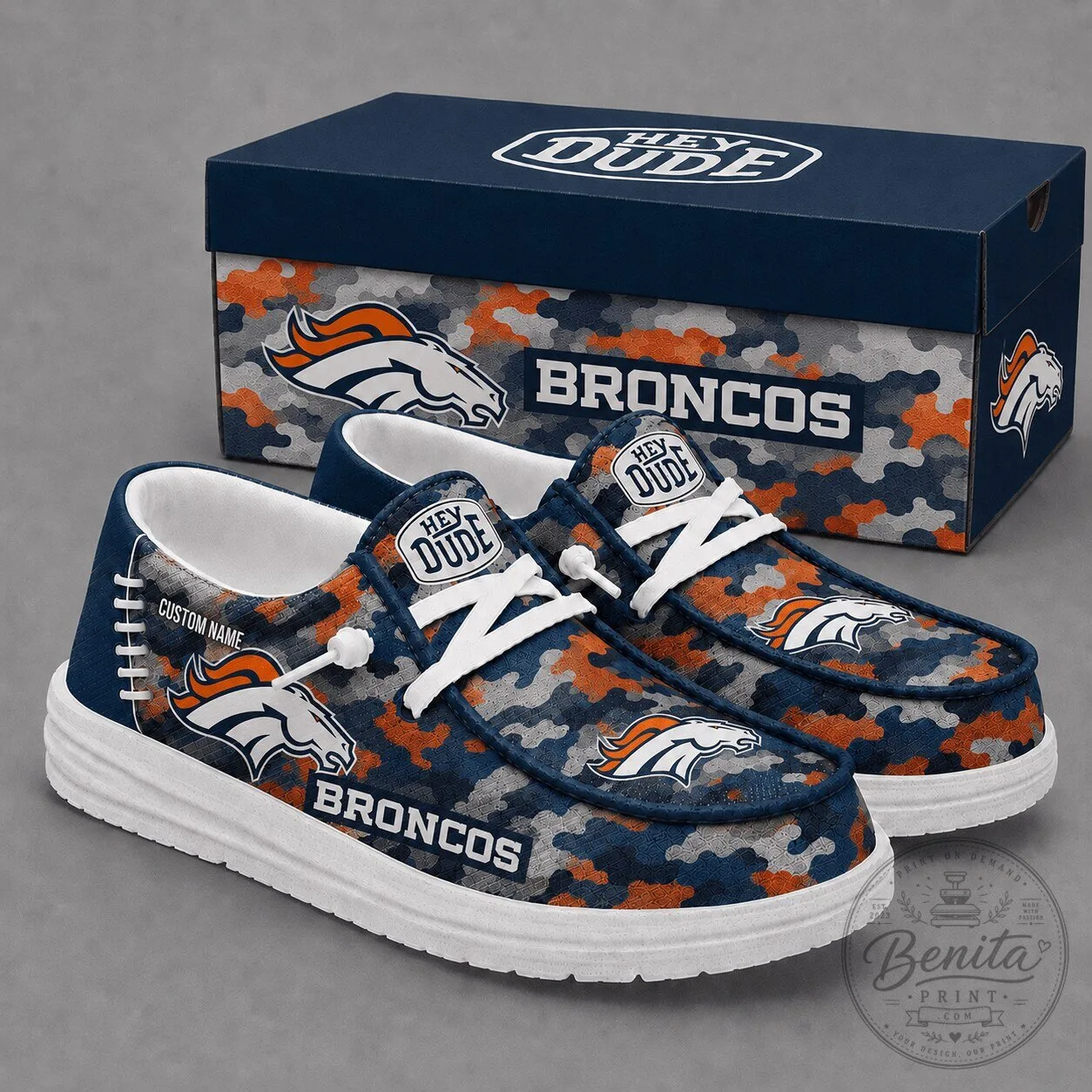 Denver Broncos Personalized Camouflage Hey Dude Shoes