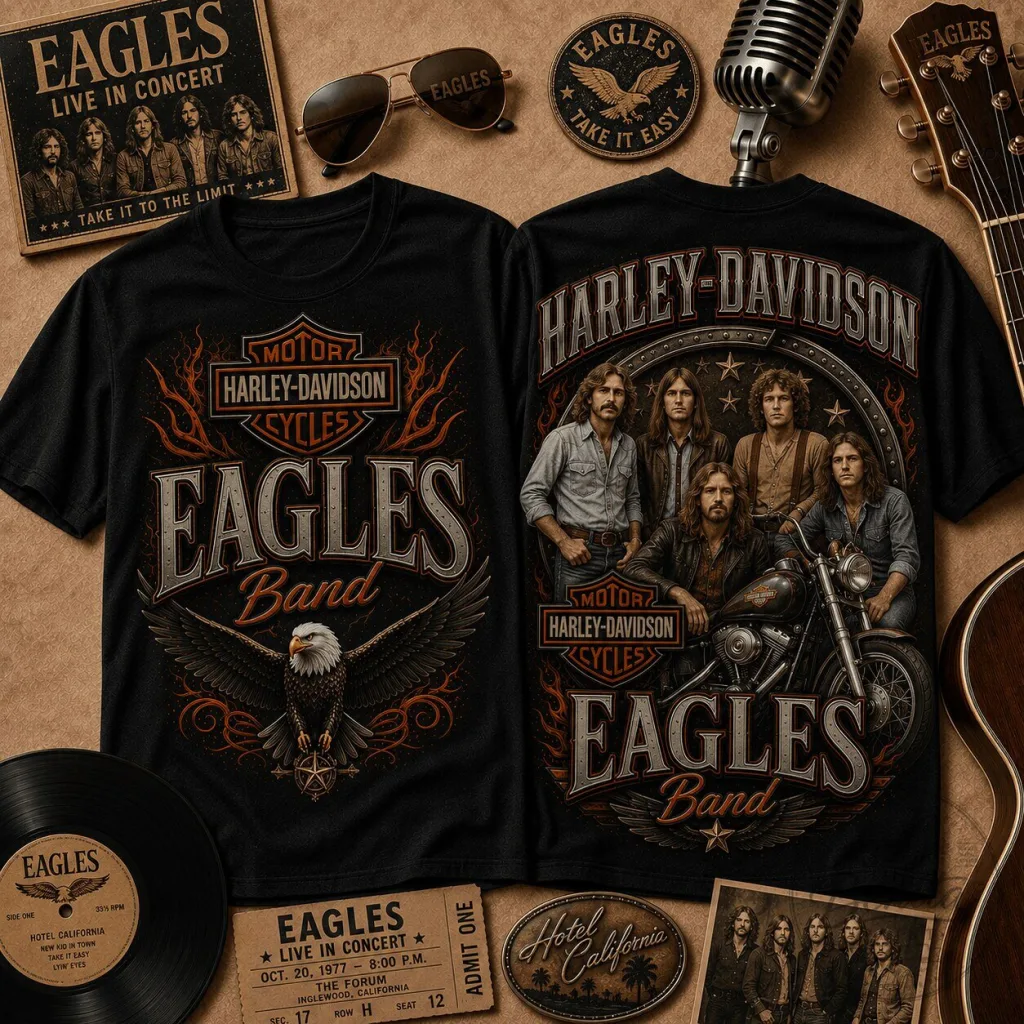 Eagles Harley Davidson Shirt, Classic Rock Band Concert T-Shirt for Fans Eagles Harley Davidson Shirt, Classic Rock Band Concert T-Shirt for Fans