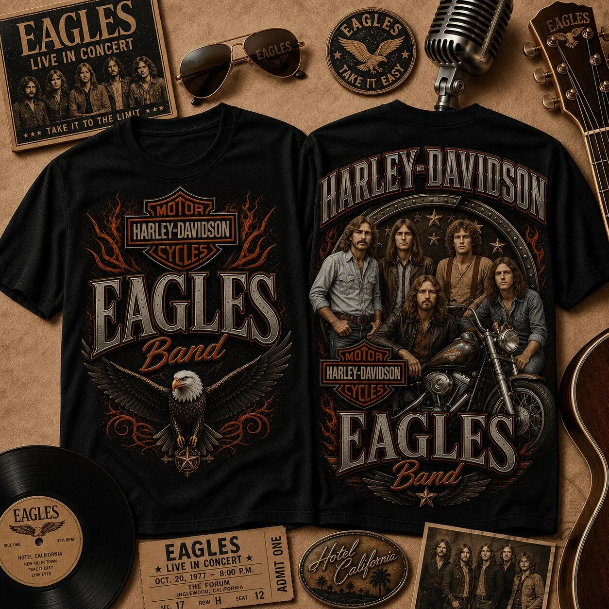 Eagles Harley Davidson Shirt, Classic Rock Band Concert T-Shirt for Fans