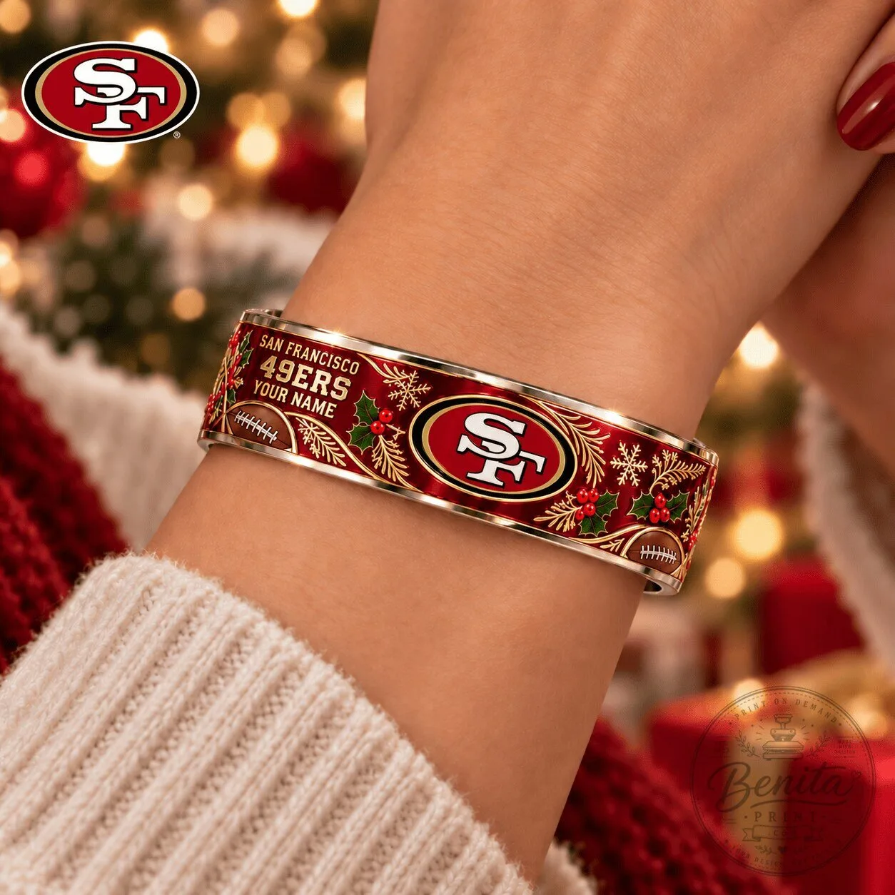 San Francisco 49ers NFL Christmas Holly Football Cuff Bracelet