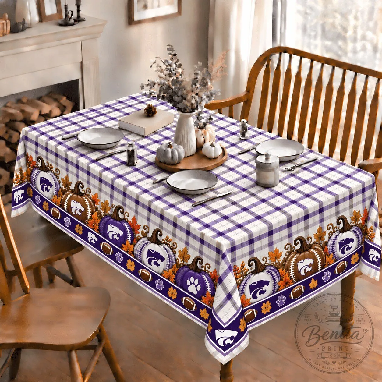 Kansas State Wildcats Football Pumpkins Checkered Fall Tablecloth
