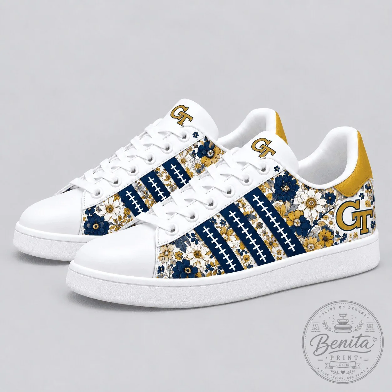 Georgia Tech Yellow Jackets Floral Pattern White Athletic Shoes