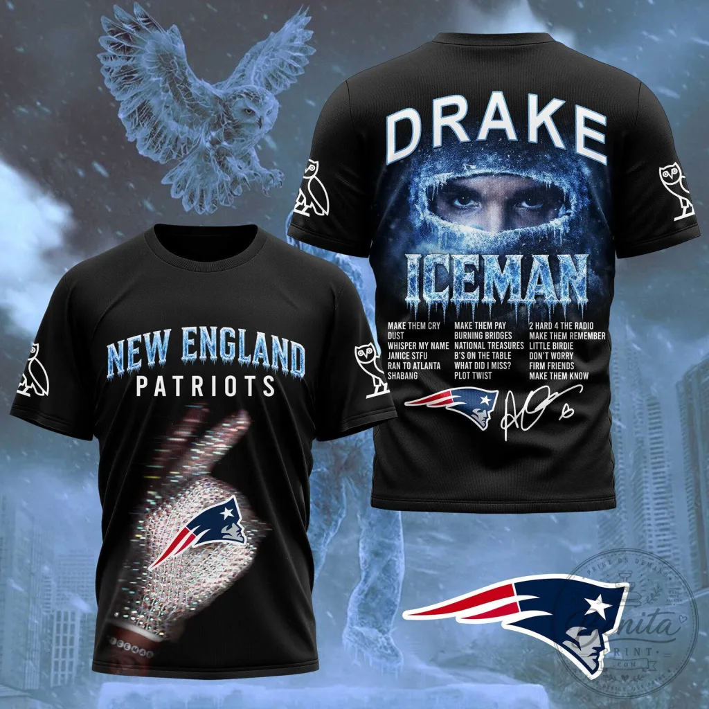 Drake Ice Man New England Patriots Football Team Black T-Shirt Drake Ice Man New England Patriots Football Team Black T-Shirt