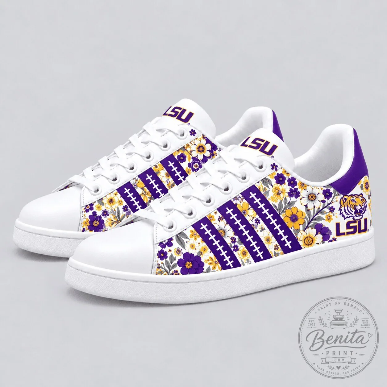 Louisiana State University Tigers Floral Pattern White Sneakers
