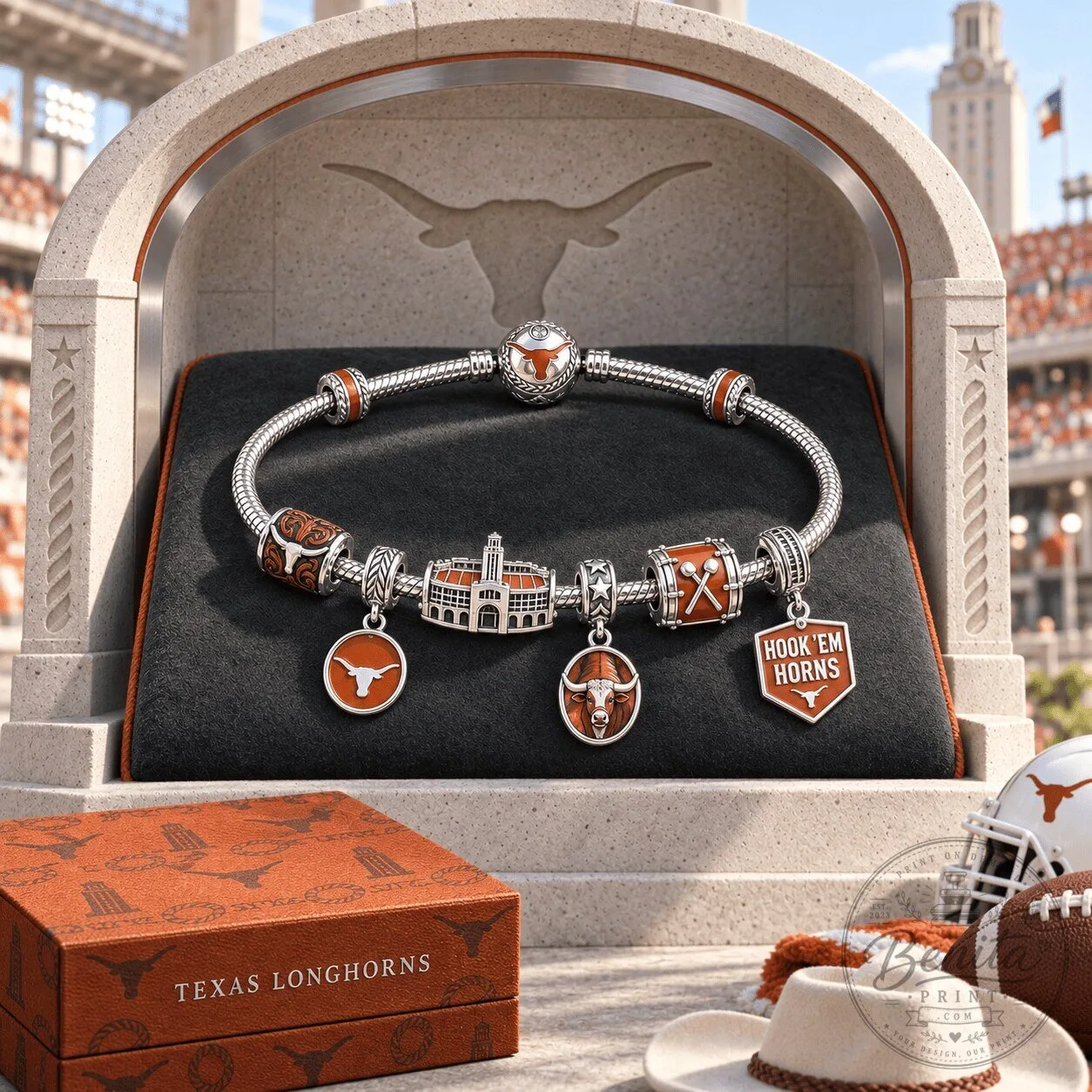 University of Texas Longhorns Silver Charm Bracelet with Hook 'Em Horns Charms