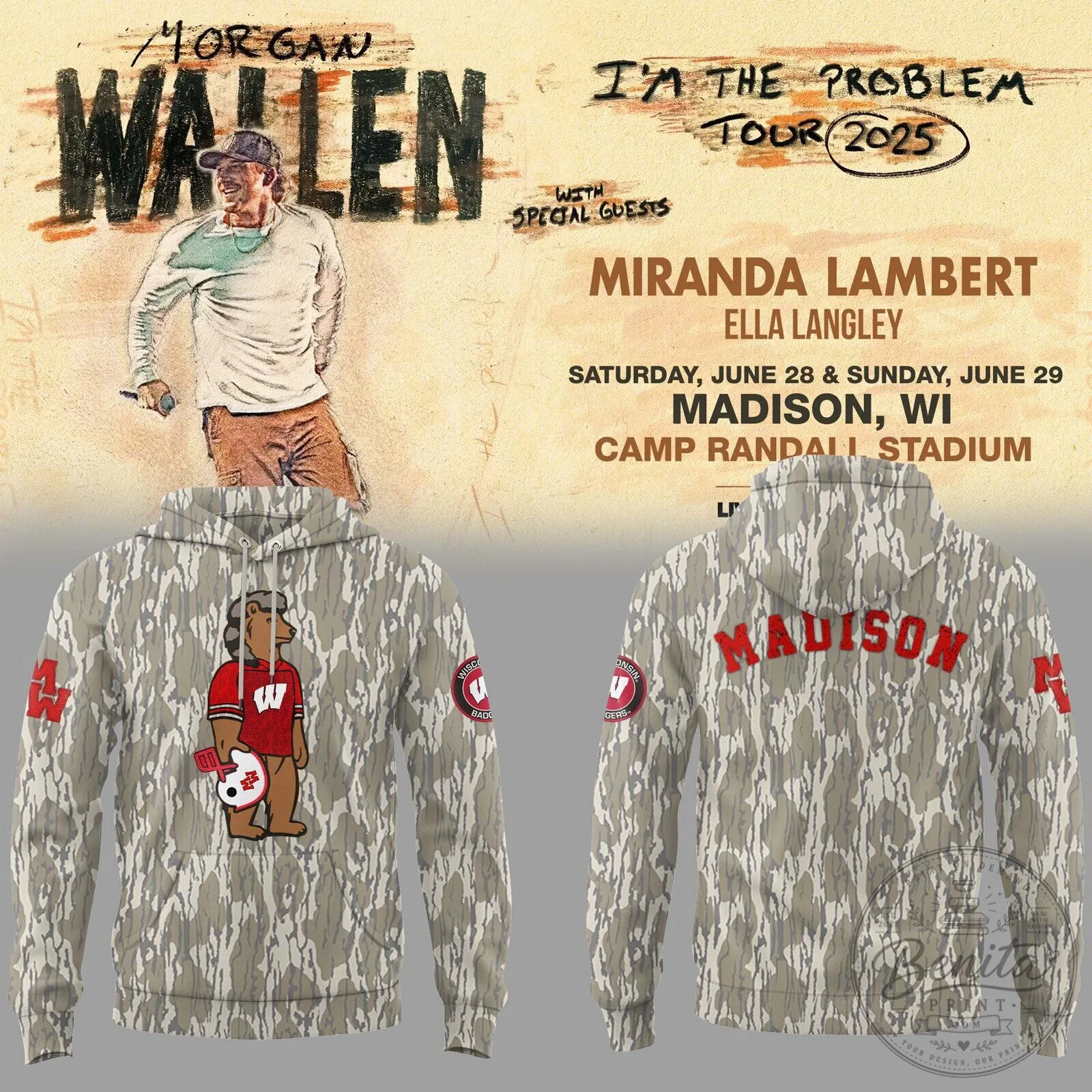 Morgan Wallen I'm The Problem Tour 2025 Wisconsin Badgers Camouflage Hoodie
