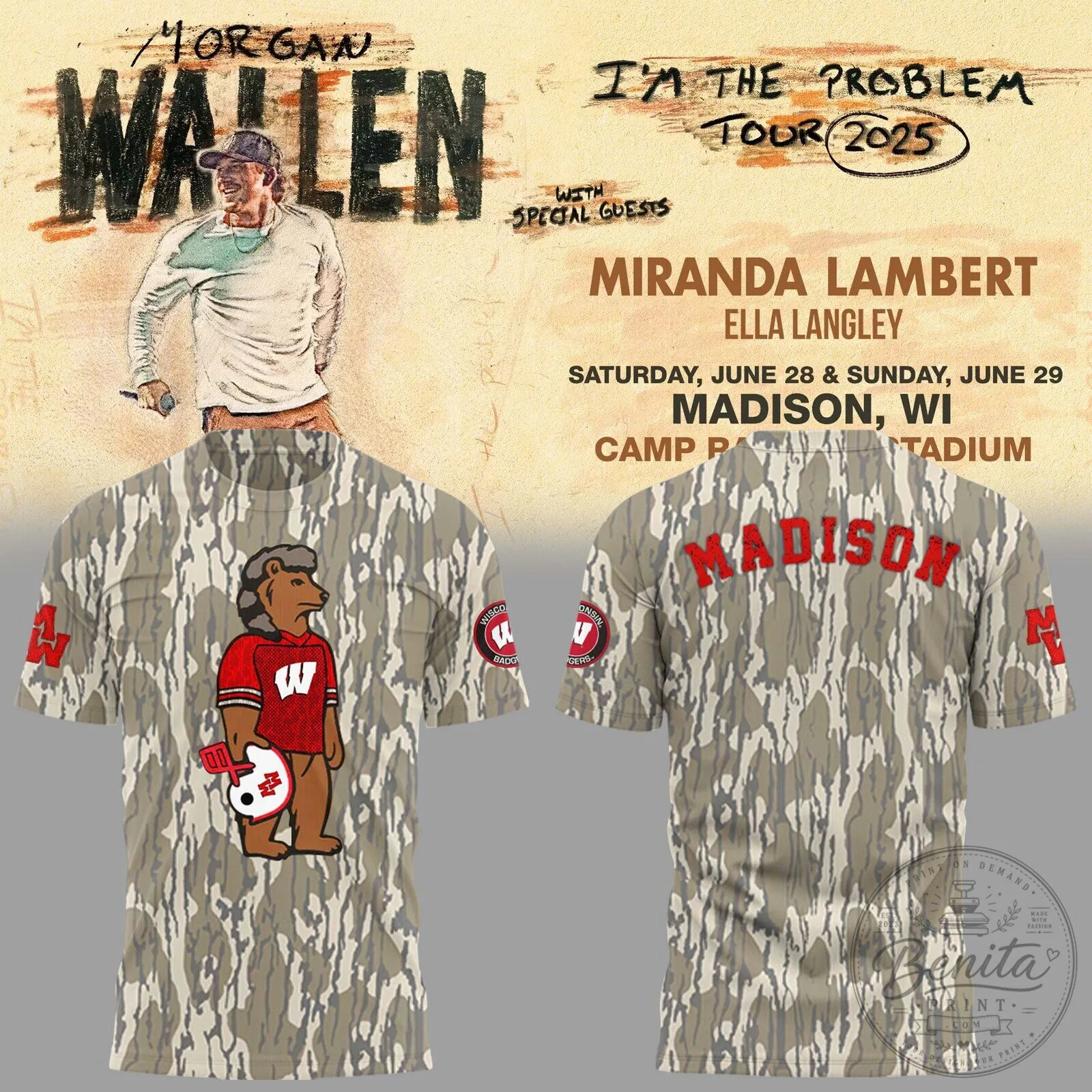 Morgan Wallen Wisconsin Badgers Camouflage Country Music T-Shirt