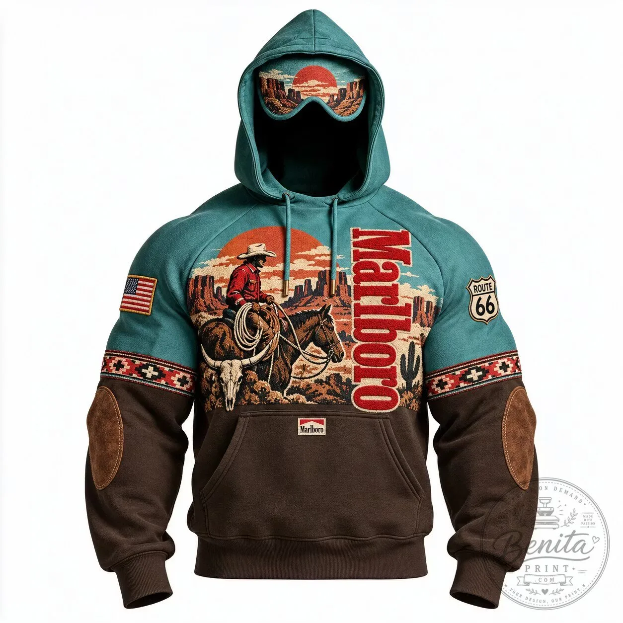 Marlboro Cowboy Route 66 Western Sunset Graphic Hoodie