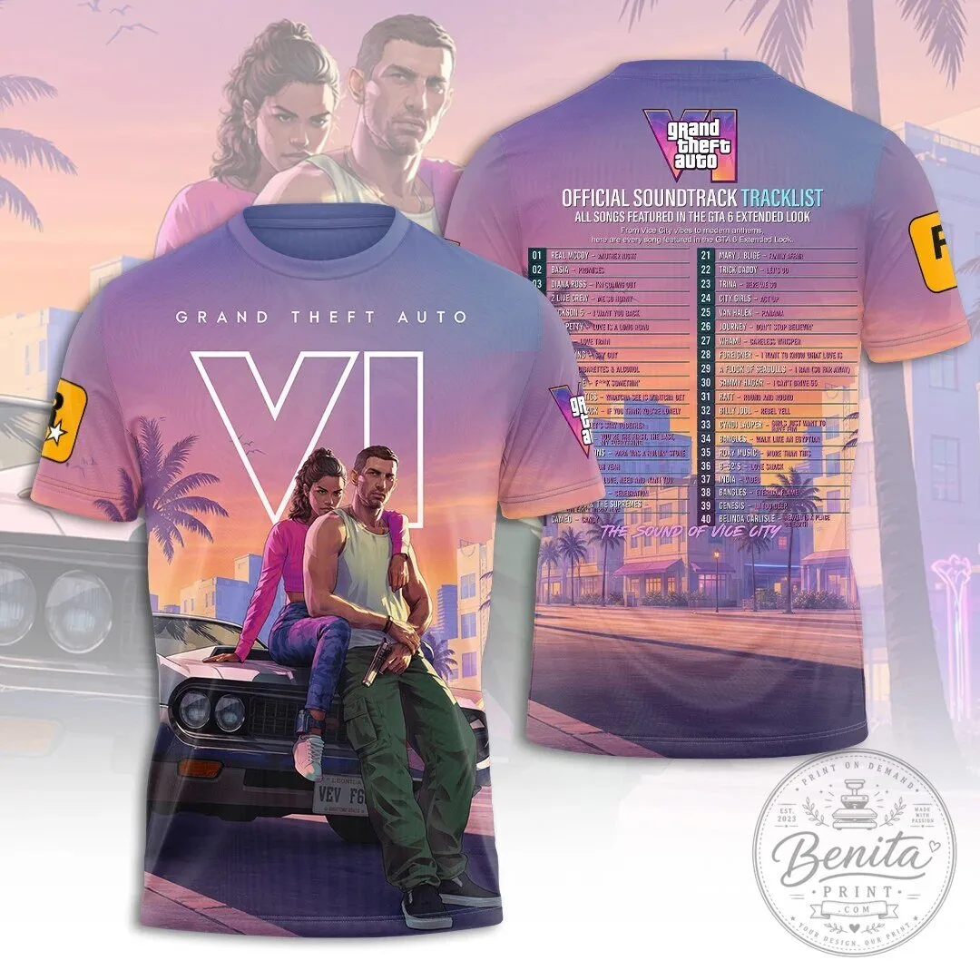 Grand Theft Auto VI Vice City Soundtrack All Over Print T-Shirt