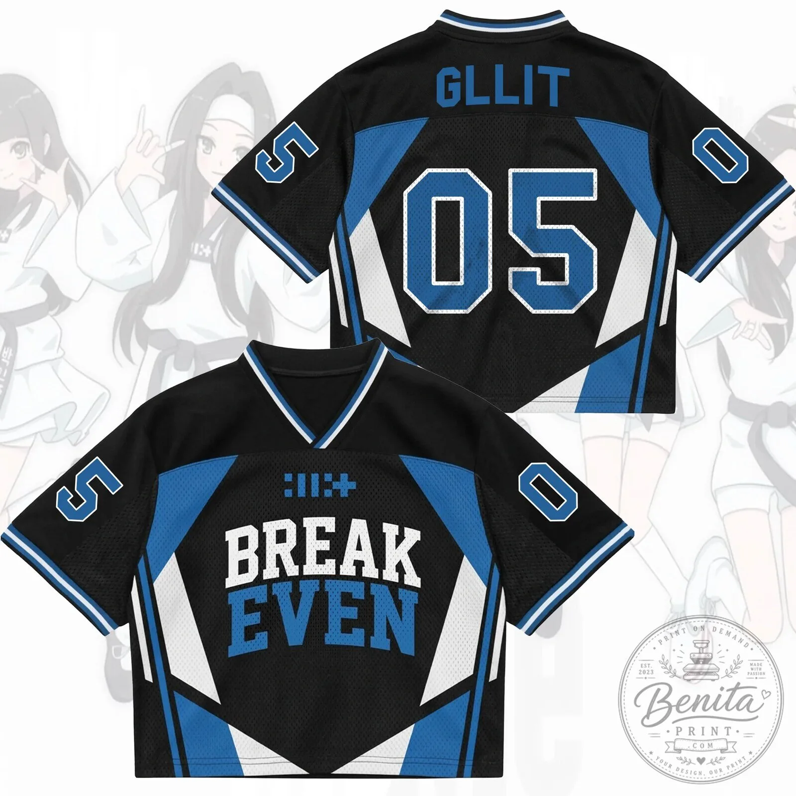 Break Even ILLIT K-Pop Band Black and Blue Sporty Mesh Jersey