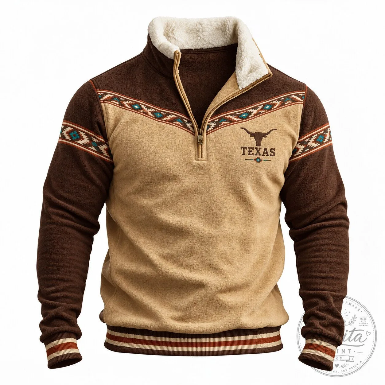 Faux Fur Collar Half-Zip Sweatshirt in Texas Longhorn Western Style