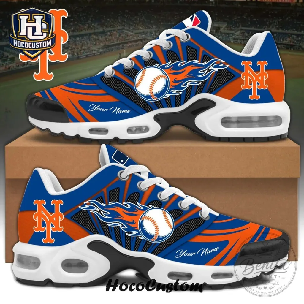 New York Mets Baseball Flame Pattern Running Shoes Custom Name Sneakers