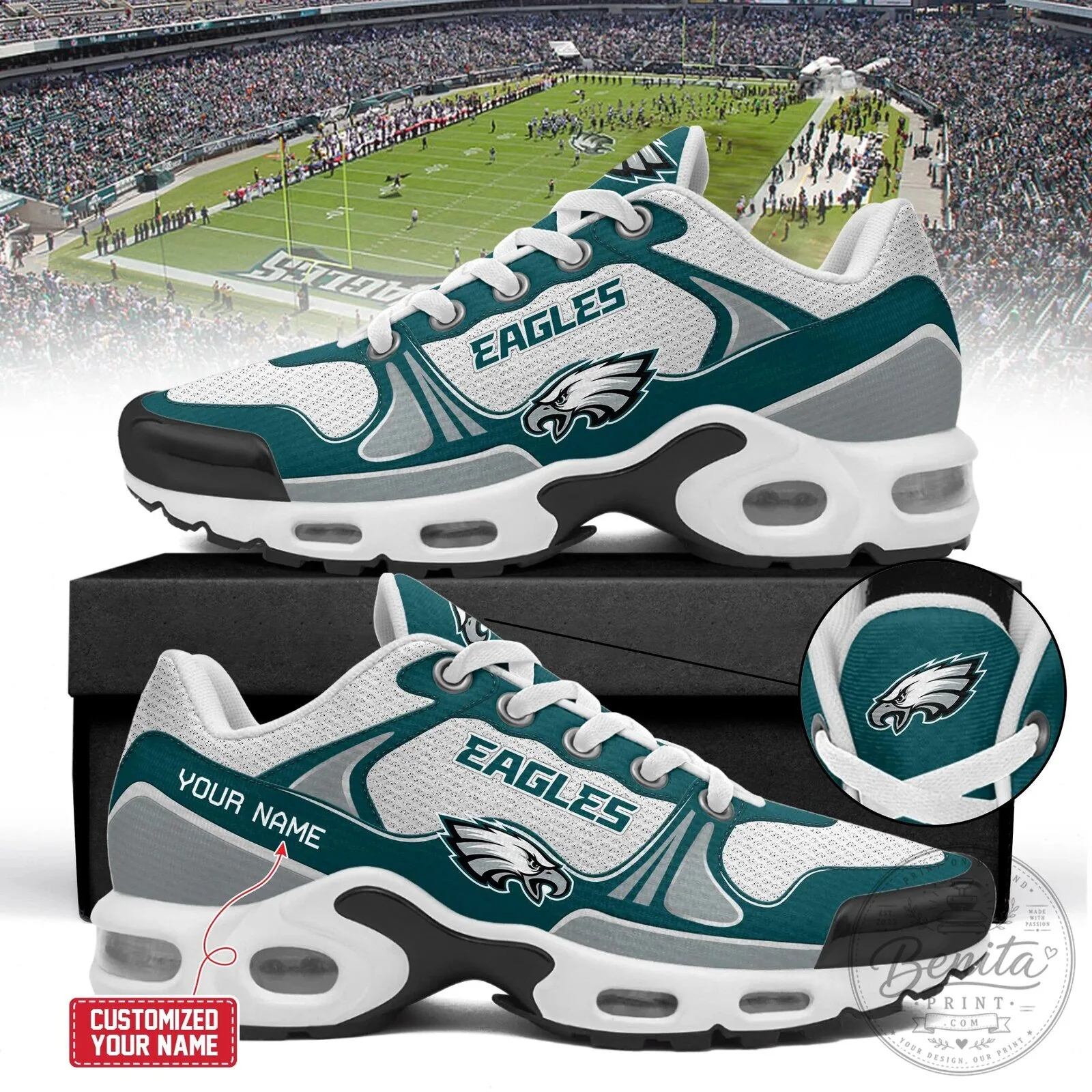 Philadelphia Eagles Custom Name White and Teal Running Shoes