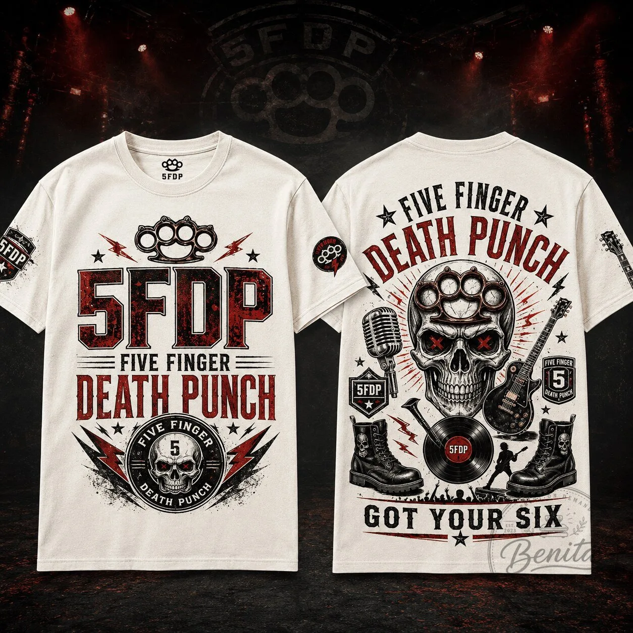 Five Finger Death Punch Rock Band Shirt with Brass Knuckle Skull Design