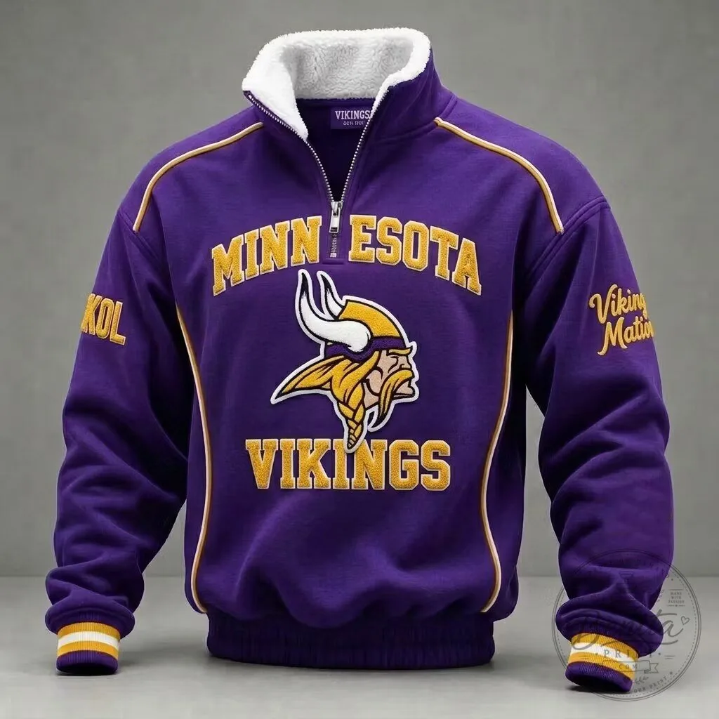 Minnesota Vikings Quarter-Zip Pullover Sweatshirt with Fleece Collar