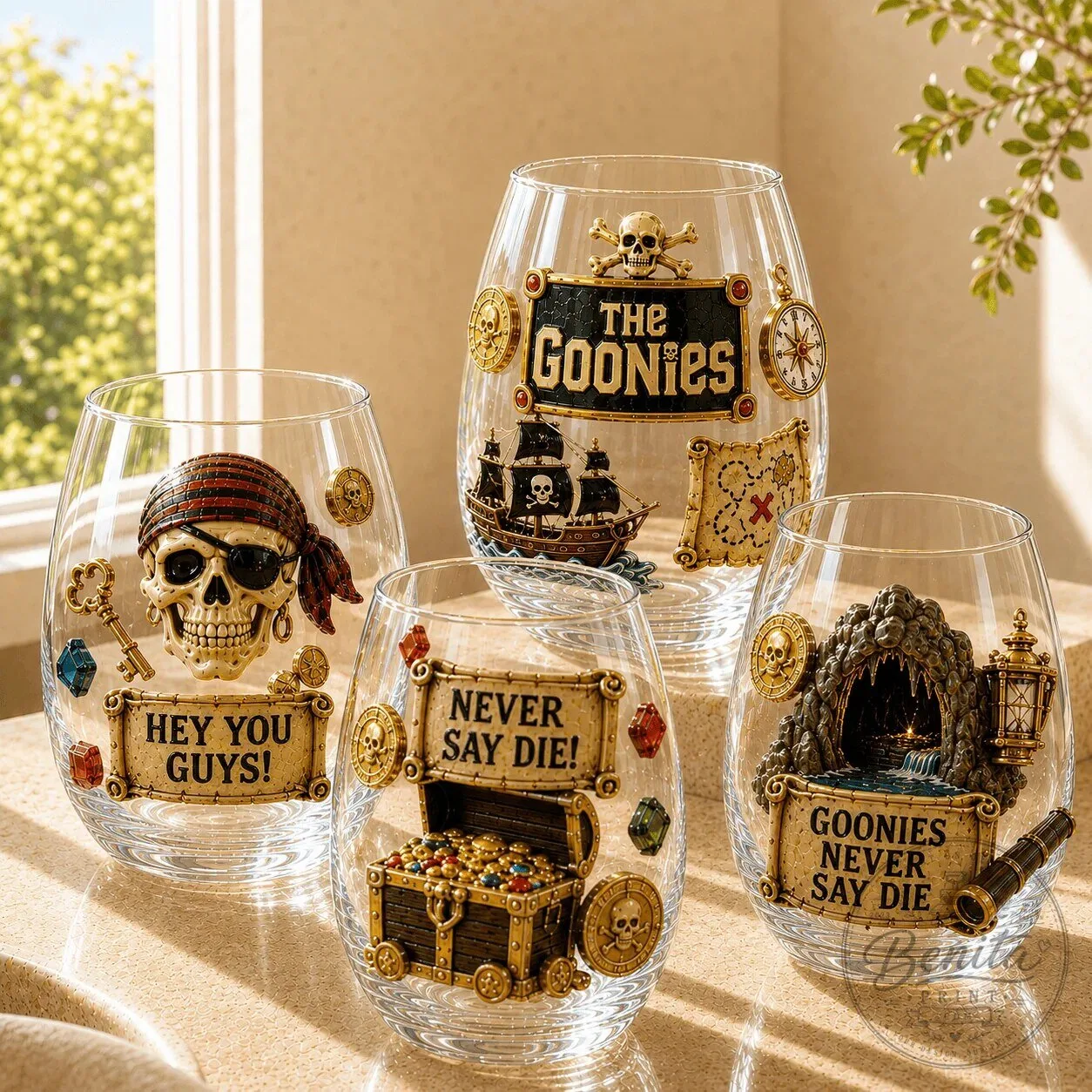 The Goonies Never Say Die Pirate Skull Treasure Chest Wine Glass Set