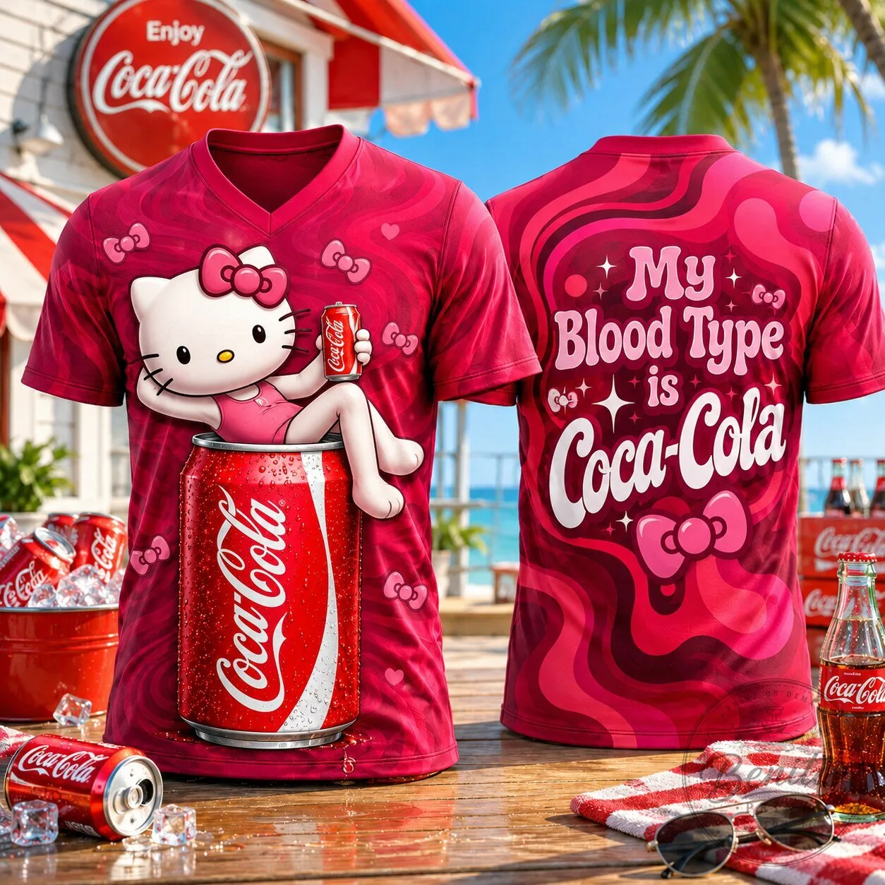 Hello Kitty Coca-Cola Can Artwork V-Neck T-Shirt for Cute Fans