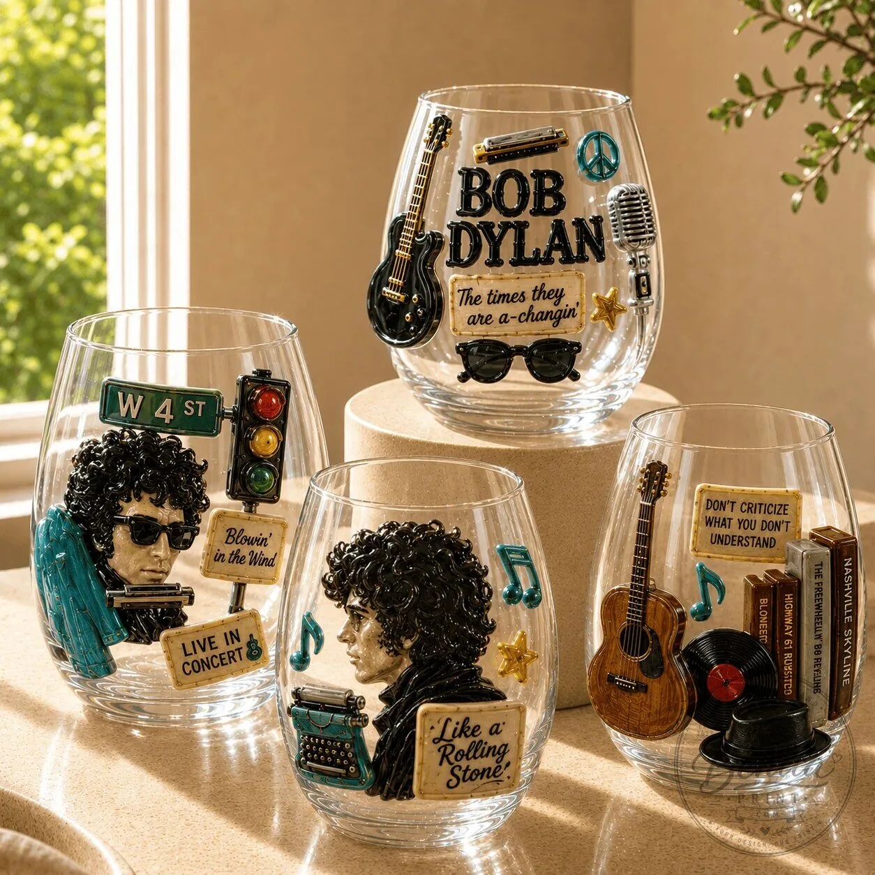 Bob Dylan Music Icon Stemless Wine Glass Set, The Times They Are A-Changin'