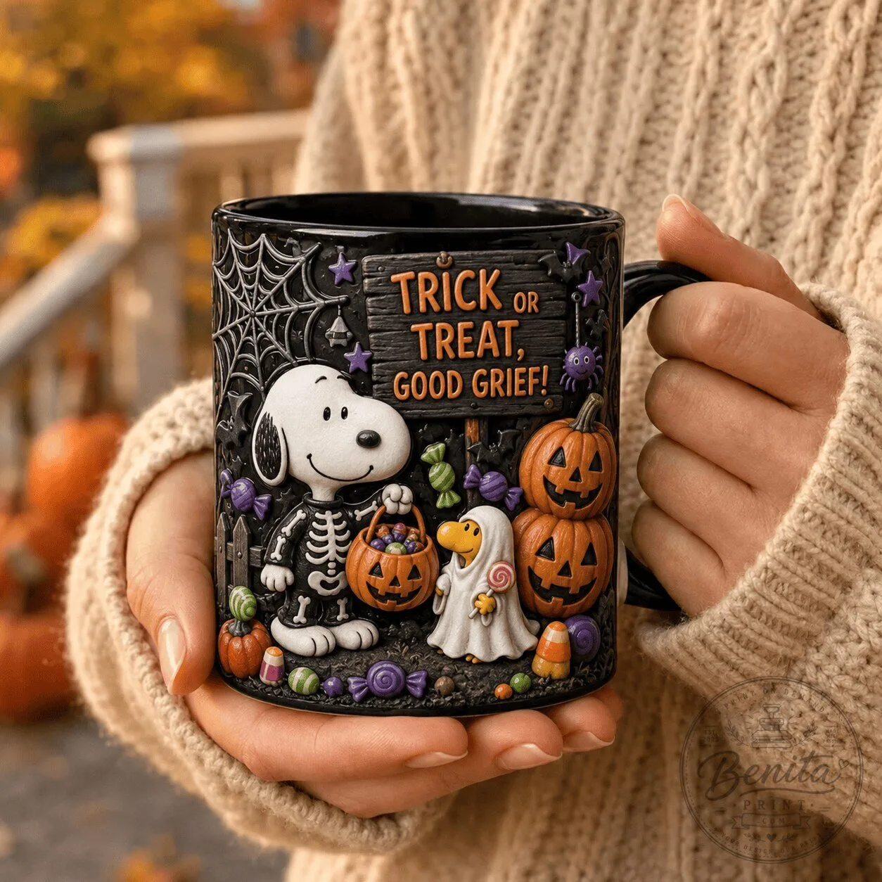 Snoopy Peanuts Halloween Trick or Treat Good Grief Ceramic Mug