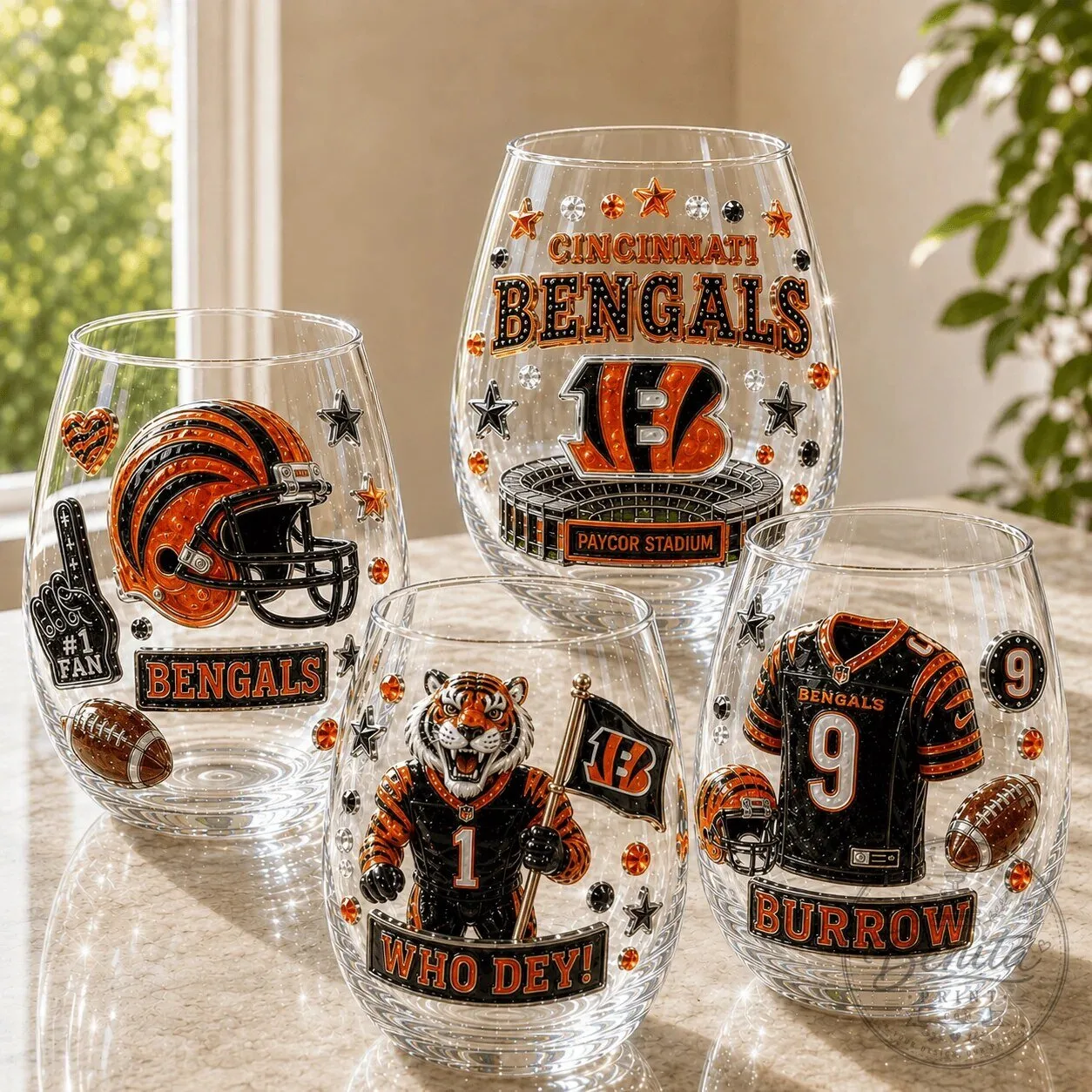 Stemless Wine Glass Set featuring Cincinnati Bengals Football Team
