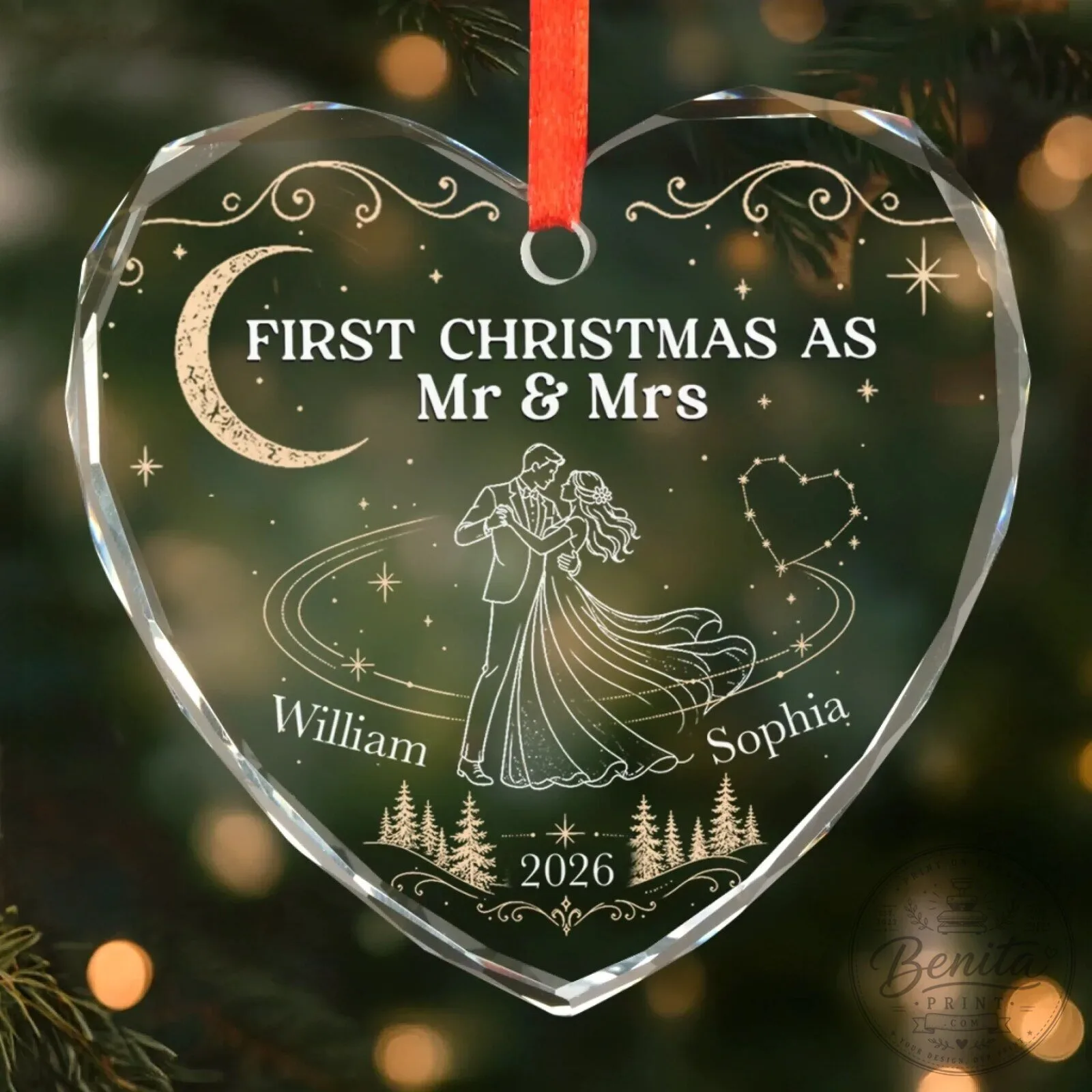 Personalized First Christmas As Mr & Mrs Heart Glass Ornament