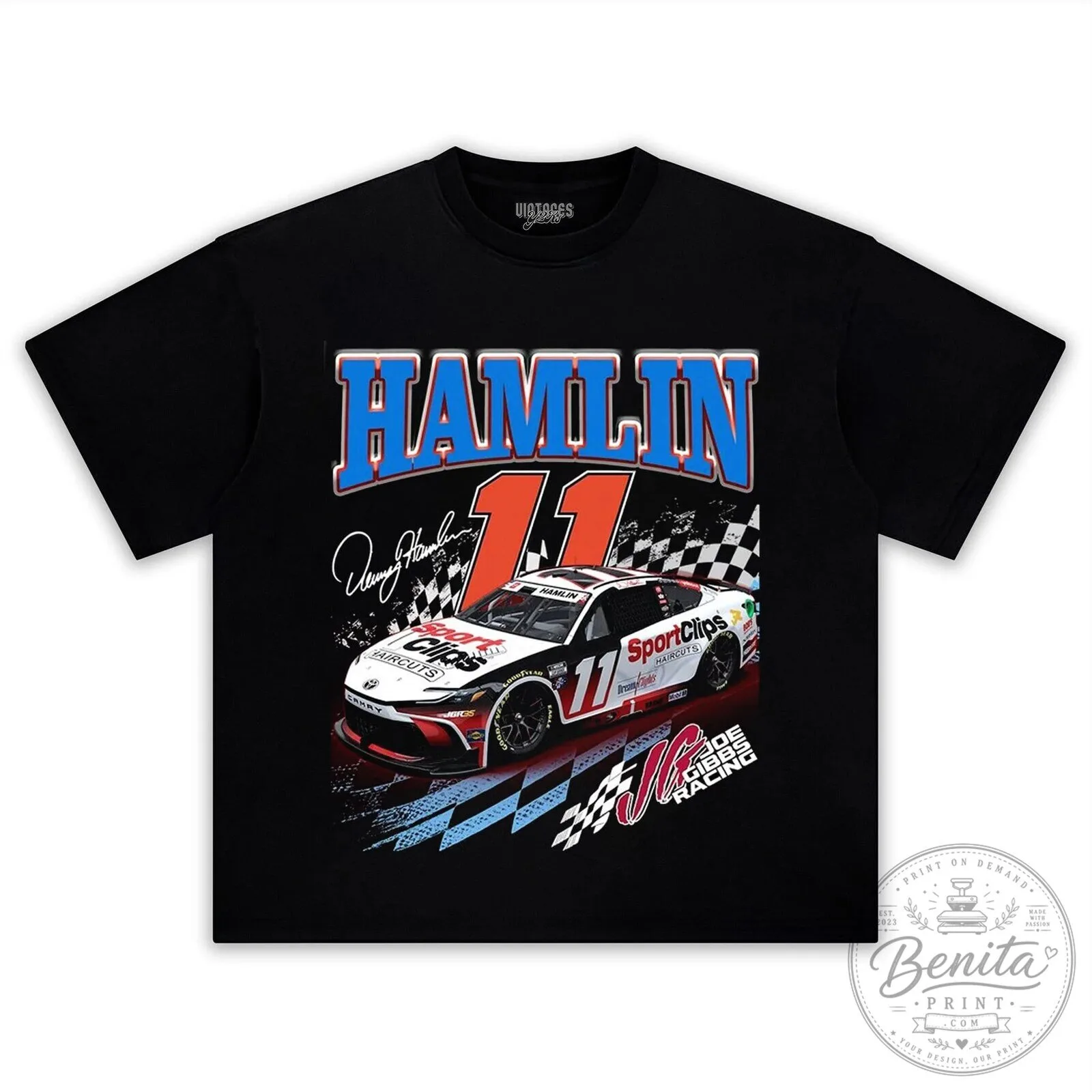 Denny Hamlin NASCAR Vintage Racing Car Graphic Black T-Shirt