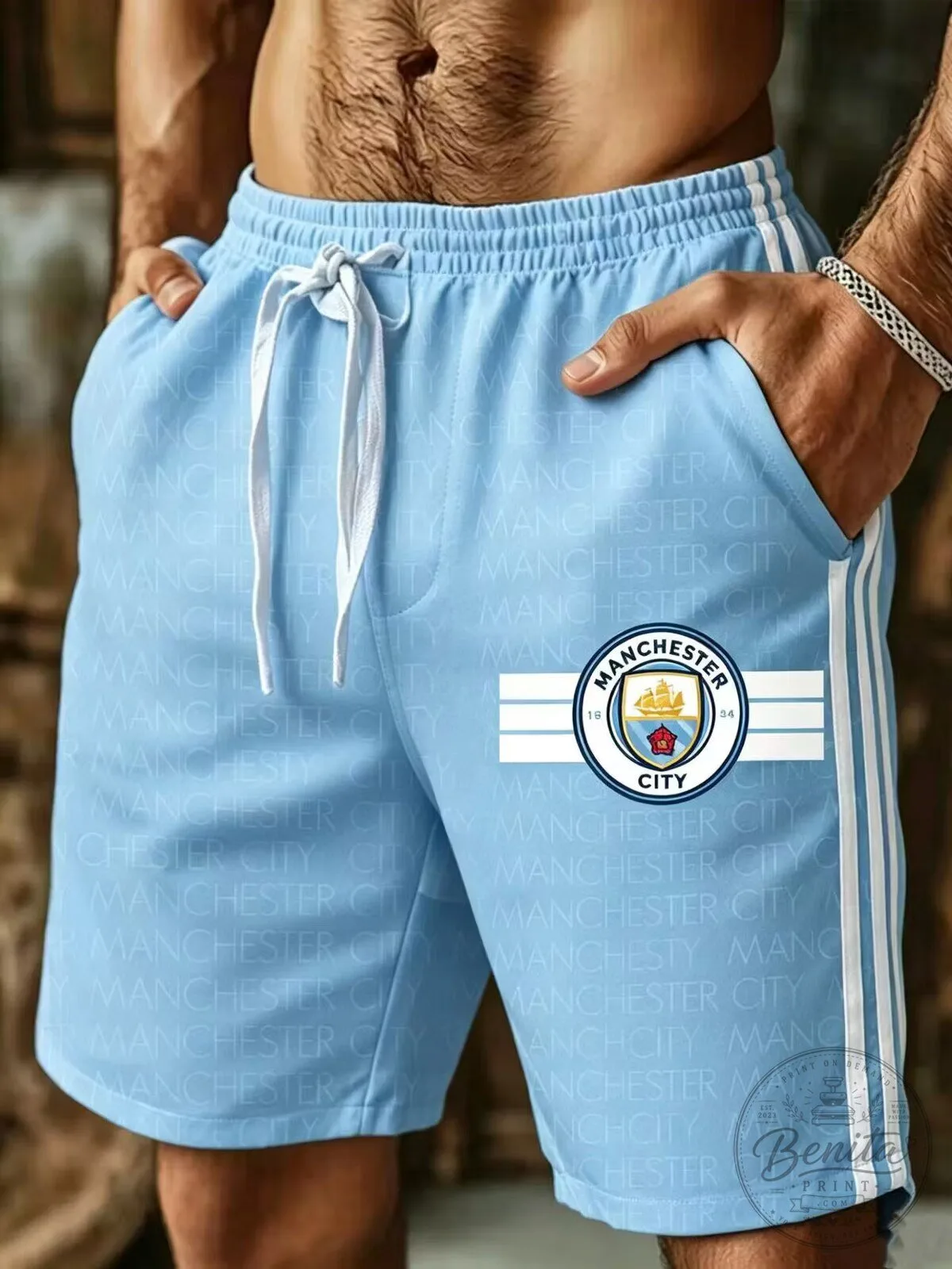 Man City Sky Blue Athletic Shorts with Manchester City Football Club Logo