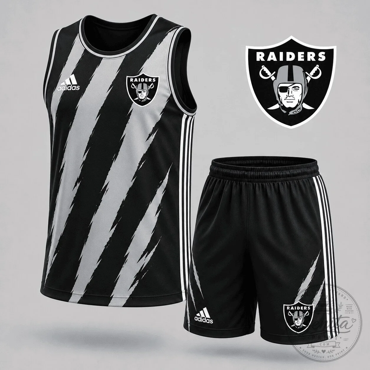Las Vegas Raiders Football Team Black and White Striped Tank Top and Shorts Set