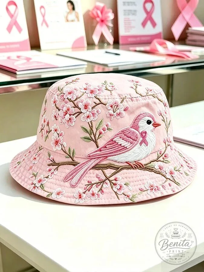 Pink Breast Cancer Awareness Bucket Hat with Embroidered Bird and Cherry Blossoms